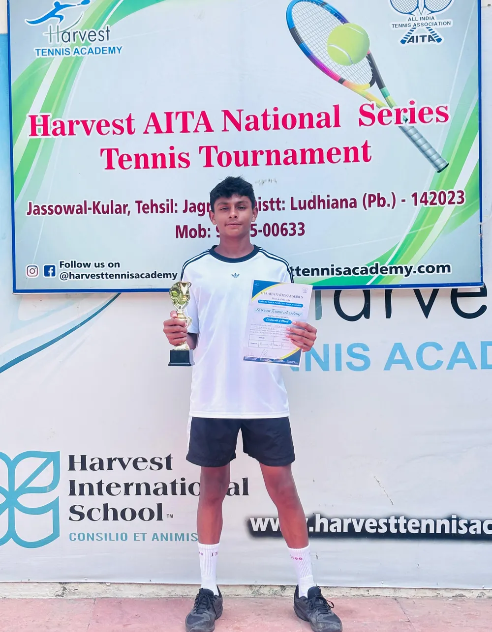 Sparsh with his runner-up trophy in the singles category at the Jassowal U-14 Tennis Tournament, Punjab